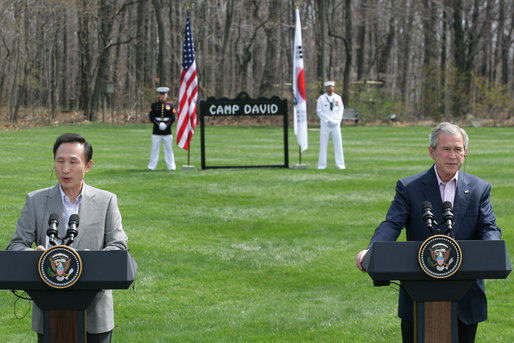 President George W. Bush and South Korean President Lee Myung-bak hold a joint press availability Saturday, April 19, 2008, at the Presidential retreat at Camp David, Md., during a two day visit with both President Myung-bak and Mrs. Kim Yoon-ok. White House photo by Joyce N. Boghosian