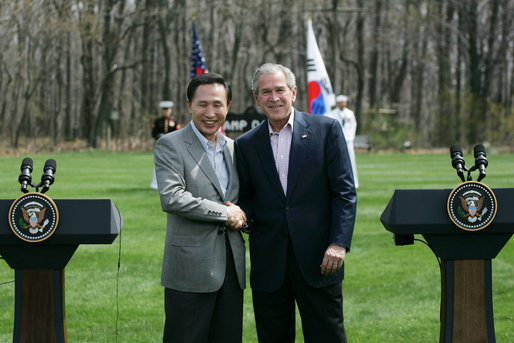 President George W. Bush shakes hands with South Korean President Lee Myung-bak at the conclusion of a joint press availability Saturday, April 19, 2008, at the Presidential retreat at Camp David, Md. White House photo by Shealah Craighead