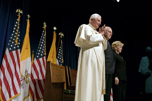 Pope Benedict XVI is joined by Vice President Dick Cheney and Mrs. Lynne Cheney for a farewell ceremony in honor of the Pope, Sunday, April 20, 2008 at John F. Kennedy International Airport in New York. During the ceremony the Vice President said, "Your presence has honored our country. Although you must leave us now, your words and the memory of this week will stay with us. For that, we are truly and humbly grateful." White House photo by David Bohrer