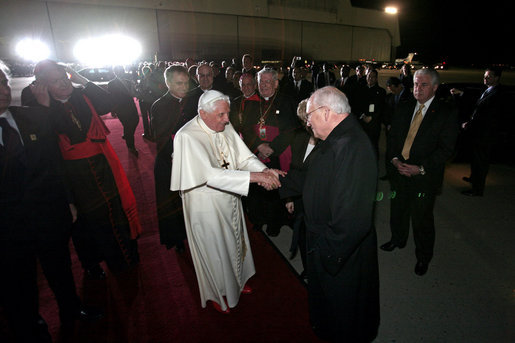 Vice President Dick Cheney and Mrs. Lynne Cheney bid farewell to Pope Benedict XVI Sunday, April 20, 2008, at John F. Kennedy International Airport in New York, wrapping up a six-day, U.S. visit that included a meeting with President George W. Bush, meetings with the Catholic faithful, interfaith dialogues and the celebration of Mass with over 57,000 people at Yankee Stadium in New York. White House photo by David Bohrer