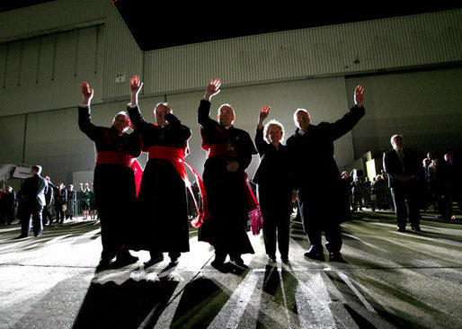 Vice President Dick Cheney and Mrs. Lynne Cheney join Catholic clergy as they wave goodbye to Pope Benedict XVI Sunday, April 20, 2008, at New York's JFK Airport. White House photo by David Bohrer