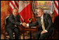 President George W. Bush and Mexico’s President Felipe Calderon shake hands in their first meeting to discuss issues Monday, April 21, 2008, during the 2008 North American Leaders’ Summit in New Orleans. White House photo by Chris Greenberg