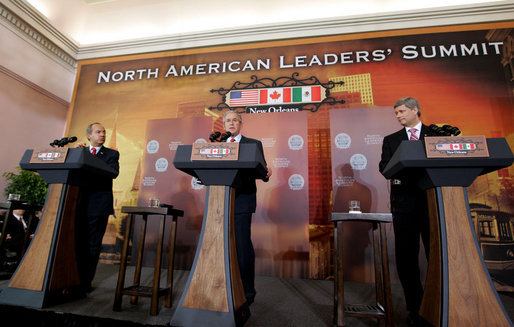 President George W. Bush delivers his remarks at a joint news conference Tuesday, April 22, 2008 in New Orleans, with Mexico's President Felipe Calderon and Canada's Prime Minster Stephen Harper. White House photo by Joyce N. Boghosian