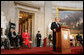 President George W. Bush delivers remarks Wednesday, April 23, 2008, during the Congressional Gold Medal Ceremony honoring Dr. Michael Ellis DeBakey at the U.S. Capitol. In honoring the 99-year-old Chancellor Emeritus of the Baylor College of Medicine and the Director of the DeBakey Heart Center, President Bush said, "Dr. DeBakey has an impressive resume, but his truest legacy is not inscribed on a medal or etched into stone. It is written on the human heart. His legacy is the unlost hours with family and friends who are still with us because of his healing touch. His legacy is grandparents who lived to see their grandchildren. His legacy is holding the fragile and sacred gift of human life in his hands -- and returning it unbroken." White House photo by Chris Greenberg