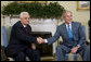 President George W. Bush shakes hands with President Mahmoud Abbas as they meet with the media Thursday, April 24, 2008, in the Oval Office of the White House. White House photo by Chris Greenberg