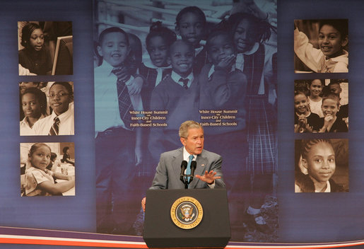 President George W. Bush delivers remarks Thursday, April 24, 2008, during the White House Summit on Inner-City Children and Faith-Based Schools. Said the President, "I am fully aware that in inner-city America some children are getting a good education, but a lot are consigned to inadequate schools. I believe helping these children should be a priority of a nation. It's certainly a priority to me." White House photo by Chris Greenberg