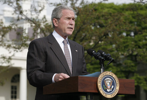 President George W. Bush delivers a statement Friday, April 25, 2008, on the South Grounds of the White House regarding the economic stimulus rebate checks. "I'm pleased that the Treasury Department has worked quickly to get the money into the hands of the American people. Starting Monday, the effects of the stimulus will begin to reach millions of households across our country." White House photo by Joyce N. Boghosian