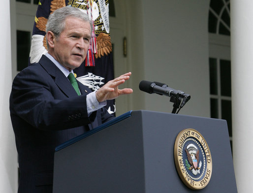 President George W. Bush makes a statement during a news conference Tuesday, April 29, 2008, in the Rose Garden. In urging Congress to act on his economic proposals, the President said, "In all these issues, the American people are looking to their leaders to come together and act responsibly. I don't think this is too much to ask even in an election year." White House photo by Chris Greenberg