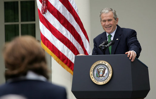 President George W. Bush laughs as he takes a question from a journalist Tuesday, April 29, 2008, during a news conference in the Rose Garden of the White House. White House photo by Shealah Craighead