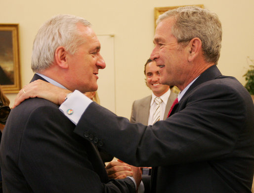 President George W. Bush offers a warm welcome Prime Minister Bertie Ahern of Ireland on his visit to the White House Wednesday, April 30, 2008. White House photo by Chris Greenberg