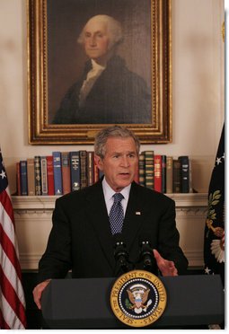 President George W. Bush addresses reporters Thursday, May 1, 2008 in White House Diplomatic Reception Room, to ask Congress to provide an additional $770 million to support food aid and development programs. The $770 million would be in addition to the $200 million in emergency food aid announced by the White House two weeks ago to be available through a program at the U.S. Agricultural Department called the Emerson Trust. White House photo by Joyce N. Boghosian