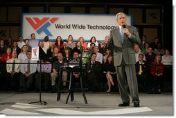 President George W. Bush addresses his remarks on the economy Friday, May 2, 2008, during his visit to World Wide Technology, Inc. in Maryland Heights, Mo.  White House photo by Chris Greenberg