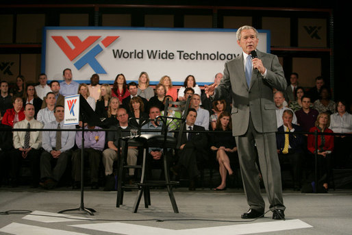 President George W. Bush addresses his remarks on the economy Friday, May 2, 2008, during his visit to World Wide Technology, Inc. in Maryland Heights, Mo. White House photo by Chris Greenberg