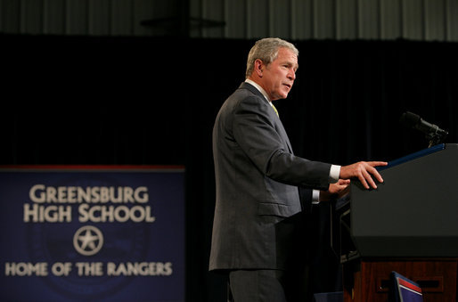 President George W. Bush makes remarks during commencement ceremonies for the Greensburg High School Class of 2008. The town of Greensburg, KS was almost entirely destroyed when a tornado tore through the town one year ago today. White House photo by Chris Greenberg