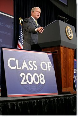 President George W. Bush makes remarks during commencement ceremonies for the Greensburg High School Class of 2008. The town of Greensburg, KS was almost entirely destroyed when a tornado tore through the town one year ago today. White House photo by Chris Greenberg