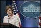 Mrs Laura Bush addresses reporters in the James S. Brady Press Briefing Room Monday, May 5, 2008 at the White House, urging the Burmese government to accept the humanitarian assistance being offered by the United States to the people of Burma in the aftermath of the destruction caused by Cyclone Nargis. White House photo by Patrick Tierney