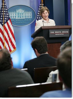 Mrs. Laura Bush addresses reporters in the James S. Brady Press Briefing Room Monday, May 5, 2008 at the White House, on the humanitarian assistance being offered by the United States to the people of Burma in the aftermath of the destruction caused by Cyclone Nargis. White House photo by Shealah Craighead