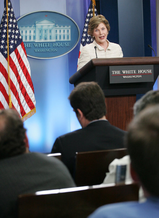 Mrs. Laura Bush addresses reporters in the James S. Brady Press Briefing Room Monday, May 5, 2008 at the White House, on the humanitarian assistance being offered by the United States to the people of Burma in the aftermath of the destruction caused by Cyclone Nargis. White House photo by Shealah Craighead