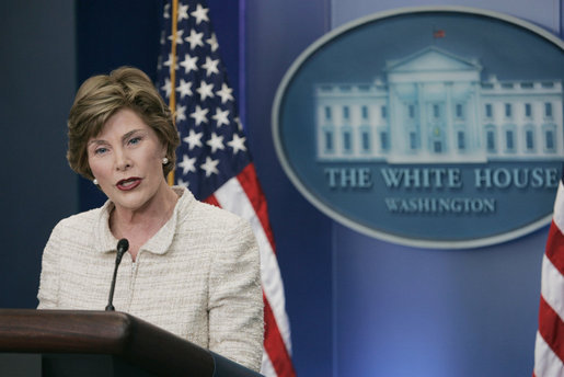 Mrs. Laura Bush addresses reporters in the James S. Brady Press Briefing Room Monday, May 5, 2008 at the White House, urging the Burmese government to accept the humanitarian assistance being offered by the United States to the people of Burma in the aftermath of the destruction caused by Cyclone Nargis. White House photo by Patrick Tierney