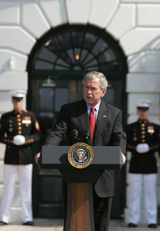 President George W. Bush delivers remarks during Military Spouse Day Tuesday, May 6, 2008, at the White House. Begun in 1984, the day was established to acknowledge the profound impact military spouses have on service members and to honor their volunteer service in educational, social and community endeavors. White House photo by Chris Greenberg