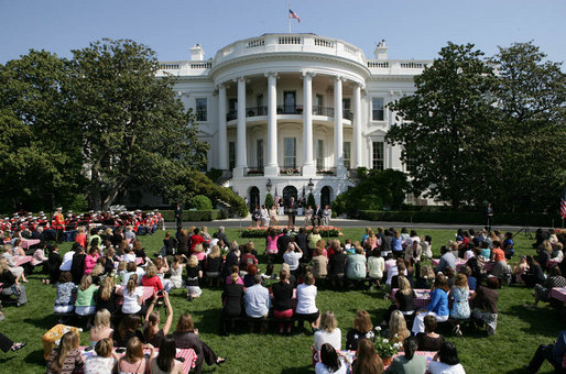 Guests sit on the South Lawn of the White House Tuesday, May 6, 2008, as President George W. Bush delivers remarks in celebration of Military Spouse Day, recognizing the impact spouses have on service members and honoring their volunteer service in educational, social and community endeavors. White House photo by Chris Greenberg