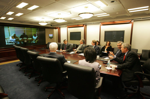 President George W. Bush participates in a video conference meeting in the Situation Room Tuesday, May 6, 2008 with the Independent Civil Society Activists in Cuba. White House photo by Joyce N. Boghosian