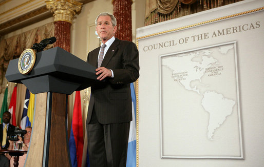 President George W. Bush delivers remarks to the Council of the Americas Wednesday, May 7, 2008, at the Department of State in Washington, D.C. White House photo by Chris Greenberg