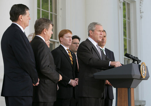President George W. Bush delivers a statement Wednesday, May 7, 2008, on the North Portico of the White House after meeting with the House Republican Conference. Of the issues discussed, the President said, "It's a positive agenda. an agenda that recognizes that we can find the wisdom of the American people in their souls, in their hearts. We listen carefully to what they think, and we respond in a way that meets their needs." White House photo by Chris Greenberg