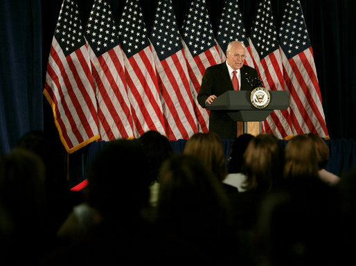 Vice President Dick Cheney addresses employees of the Philadelphia Regional Financial Center Thursday, May 8, 2008, following a tour of the facility in Philadelphia. "It's a great day for the American people," said the Vice President. "Well over seven million Americans have already received their rebates by electronic deposit. And starting today, at this facility, the checks will start printing at the rate of a thousand every minute.the President and I appreciate all the hard work that you put in to make it possible." White House photo by David Bohrer