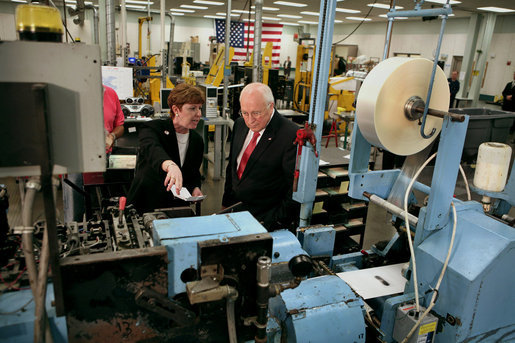 Vice President Dick Cheney tours the Philadelphia Regional Financial Center with Director Betty Belinsky Thursday, May 8, 2008, in Philadelphia. The center will print 12 million checks this month for disbursement to U.S. citizens as part of the Economic Stimulus Act of 2008. White House photo by David Bohrer