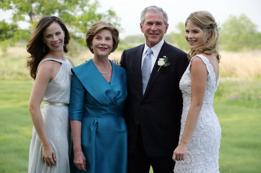 President George W. Bush and Mrs. Laura Bush pose with daughters Jenna and Barbara Saturday, May 10, 2008, at Prairie Chapel Ranch in Crawford, Texas, prior to the wedding of Jenna and Henry Hager. White House photo by Shealah Craighead