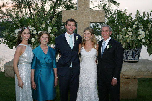 President George W. Bush and Mrs. Laura Bush and Barbara Bush stand with the new Mr. and Mrs. Henry Hager following the young couple's wedding ceremony at Prairie Chapel Ranch Saturday, May 10, 2008, near Crawford, Texas. White House photo by Shealah Craighead