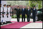 President George W. Bush and Israel’s President Shimon Peres stand on the red carpet before walking through an honor guard Wednesday, May 14, 2008, at the President’s Residence in Jerusalem. The two leaders met shortly after the late morning arrival by President Bush and Mrs. Laura Bush. White House photo by Chris Greenberg