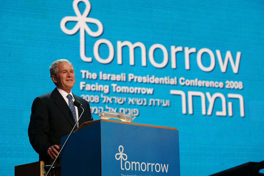 President George W. Bush addresses his remarks during the Israeli Presidential Conference 2008 at the Jerusalem International Convention Center in Jerusalem, Wednesday, May 14, 2008, in celebration of nation's 60th anniversary. White House photo by Joyce N. Boghosian