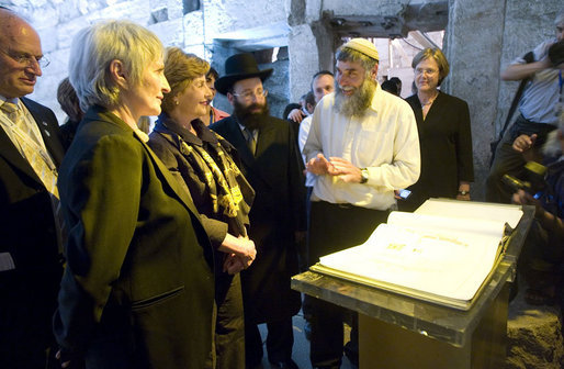 Mr. Mordechi Eliav leads Mrs. Laura Bush and Mrs. Aliza Olmert on a visit of the Western Wall in Jerusalem Wednesday, May 14, 2008. White House photo by Shealah Craighead