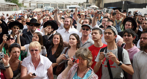 A crowd gathers near the Western Wall in Jerusalem Wednesday, May 14, 2008, in hopes of catching a glimpse of Mrs. Laura Bush as she visits the site during a stop by she and President George W. Bush in Jerusalem. White House photo by Shealah Craighead