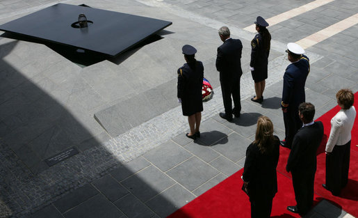 President George W. Bush participates in a wreath-laying ceremony during his visit Thursday, May 15, 2008, to the Knesset in Jerusalem. White House photo by Chris Greenberg