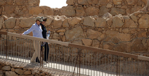 Mrs. Laura Bush and Mrs. Aliza Olmert leave the upper terrace of Masada during their visit Thursday, May 15, 2008. Masada, built by King Herod of Judea, was the last bastion of Jewish freedom fighters against the Romans; its fall signaled the violent destruction of the kingdom of Judea at the end of the Second Temple period. White House photo by Shealah Craighead