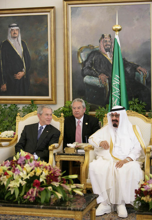 President George W. Bush and King Abdullah bin Abdulaziz sit for photographers inside the Riyadh-King Khaled International Airport Friday, May 16, 2008, during arrival ceremonies for the President and Mrs. Bush shortly after their Saudi Arabia arrival. White House photo by Chris Greenberg