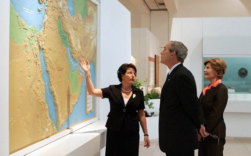 President George W. Bush and Mrs. Laura Bush listen to Director Amanda Weiss as they tour the Bible Lands Museum Jerusalem Friday, May 16, 2008. The museum illustrates the cultures of all the peoples mentioned in the Bible – from Egypt eastwards across the Fertile Crescent to Afghanistan, and from Nubia north to the Caucasian mountains. White House photo by Joyce N. Boghosian