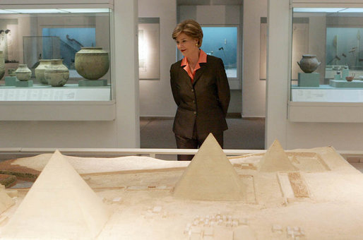 Mrs. Laura Bush looks over an exhibit at the Bible Lands Museum Jerusalem Friday, May 16, 2008, during a final stop in Israel before departing for Saudi Arabia. White House photo by Joyce N. Boghosian