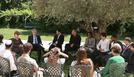 U.S. Secretary of State Condoleezza Rice, and U.S. Ambassador to Israel Richard Jones and Mrs. Joan Jones join President George W. Bush and Mrs. Laura Bush as they meet with a dozen young leaders Friday, May 16, 2008, for a roundtable discussion at the Bible Lands Museum Jerusalem. The stop was the last for the President and first lady in Israel as they continued their visit to the Middle East continuing on to Riyadh. White House photo by Joyce N. Boghosian