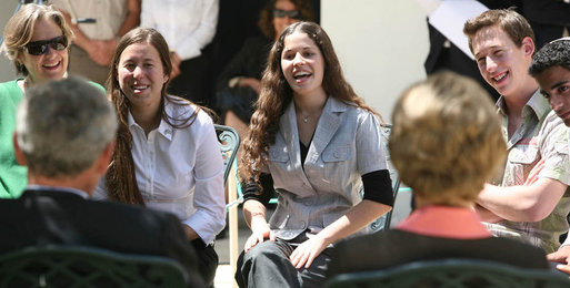 Participants in a roundtable discussion with President George W. Bush and Mrs. Laura Bush break out in laughter Friday, May 16, 2008, in the garden of the Bible Lands Museum Jerusalem. A dozen young leaders interested in foster peace in their country, their discussion included the topics of peace, democracy and misperceptions. White House photo by Joyce N. Boghosian
