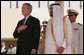 President George W. Bush and King Abdullah bin Adbulaziz pause for the playing of their respective national anthems Friday, May 16, 2008, during arrival ceremonies for the President and Mrs. Laura Bush at Riyadh-King Khaled International Airport in Riyadh. White House photo by Joyce N. Boghosian