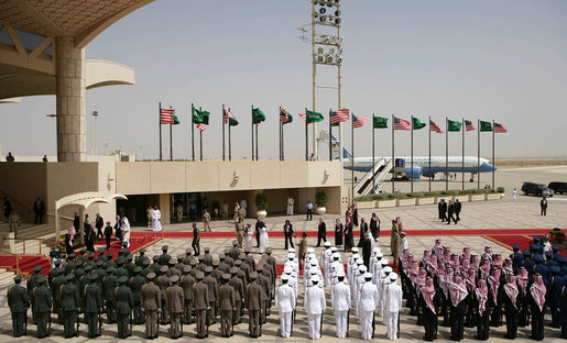 President George W. Bush and King Abdullah bin Abdulaziz review the troops during the arrival ceremonies Friday, May 16, 2008, for the President and Mrs. Laura Bush in Riyadh. White House photo by Shealah Craighead