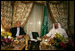 President George W. Bush and the King of Saudi Arabia Abdullah bin Abdulaziz sit for tea prior to dinner, Friday May 16, 2008, in the King's Villa at his Al Janadriyah Ranch in Saudi Arabia. White House photo by Joyce N. Boghosian