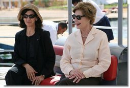 Mrs. Laura Bush sits with Ms. Hilda Arellano, USAID Cairo Mission Director, as they prepare to launch out on a Challenger Boat Tour Saturday, May 17, 2008, off the coast of Sharm El Sheikh, Egypt. White House photo by Shealah Craighead