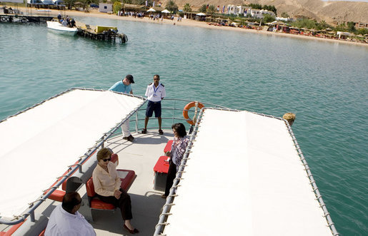 Mrs. Laura Bush is seen as she prepares to leave on the Challenger Boat Tour Saturday, May 17, 2008, off the coast of Sharm el Sheikh, Egypt. White House photo by Shealah Craighead