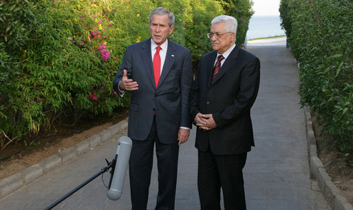 President George W. Bush is joined by Palestinian President Mahmoud Abbas Saturday, May 17, 2008, as they speak with members of the media following their meeting in Sharm el Sheikh, Egypt. White House photo by Chris Greenberg