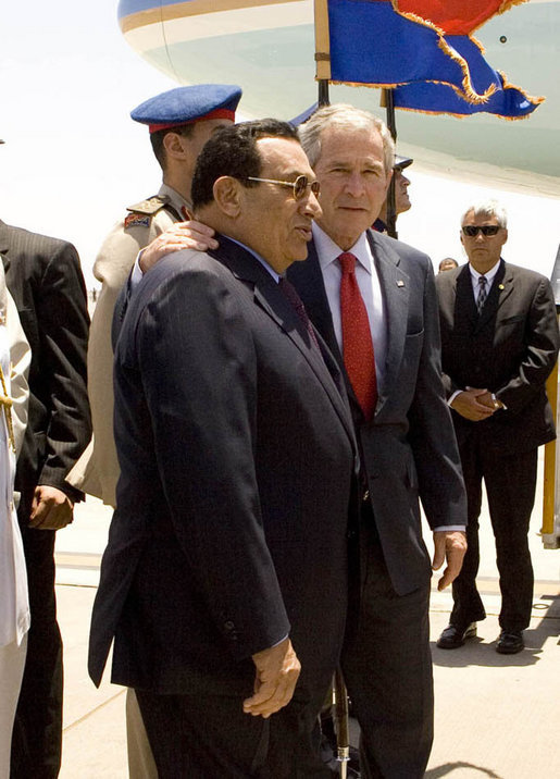 President George W. Bush embraces Egyptian President Hosni Mubarak upon his arrival Saturday, May 17, 2008, to Sharm el Sheikh International Airport in Sharm el Sheikh, Egypt. White House photo by Joyce N. Boghosian